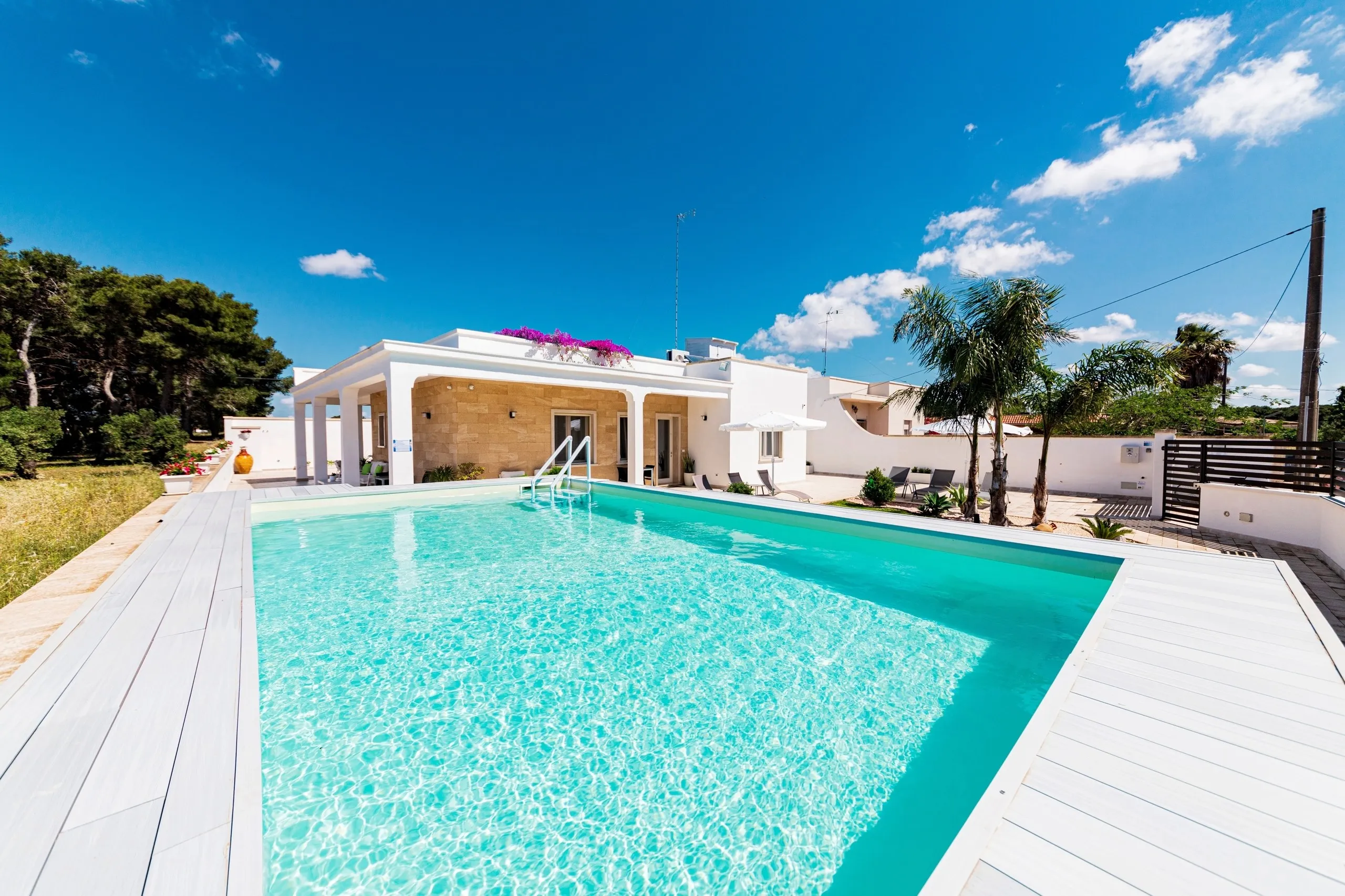 La piscine de Villa Noemi vue depuis le solarium, avec le bâtiment blanc et les palmiers en arrière-plan