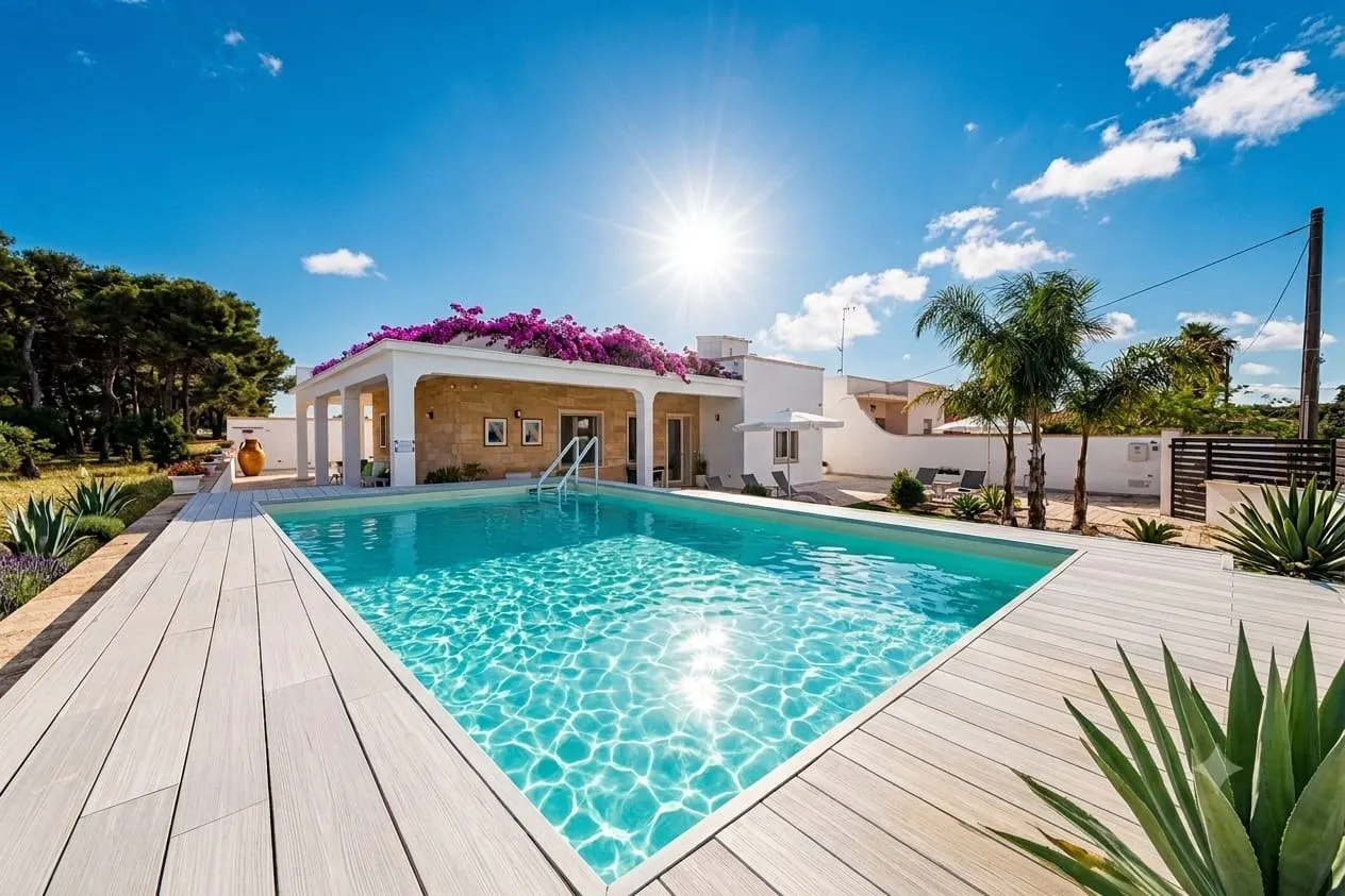 La piscine de Villa Noemi en début d’après-midi, avec les agaves au premier plan